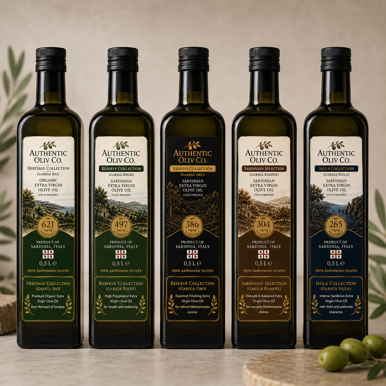 Five 0.5L bottles of Authentic Oliv Co Sardinian extra virgin olive oil