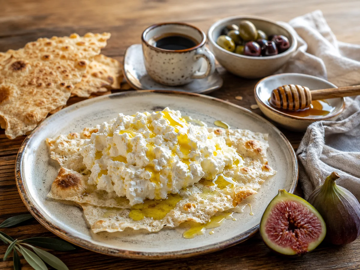 Sardinian breakfast: pane carasau with ricotta, honey and extra virgin olive oil