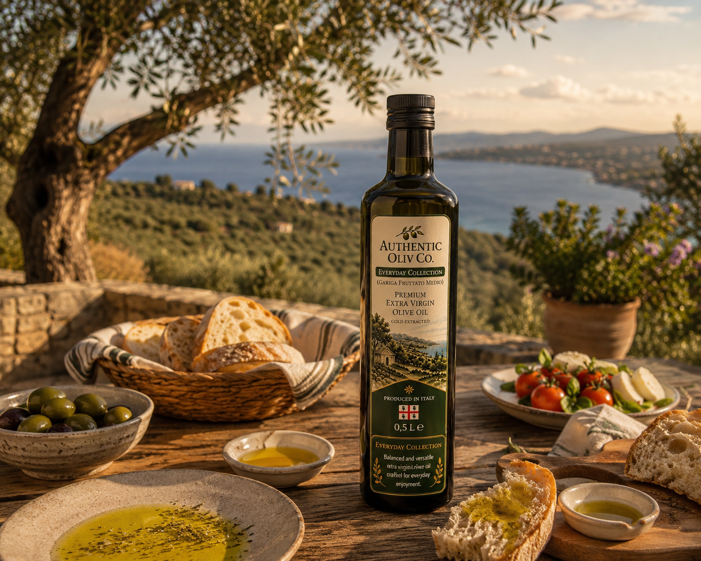 Authentic Oliv Co bottle with bread, olives and a Mediterranean table